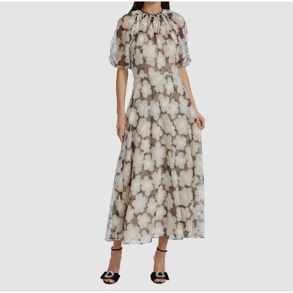 $1990 Lela Rose Women's Ivory Floral Lace Trim Midi A-Line Dress Size 6 Bridal